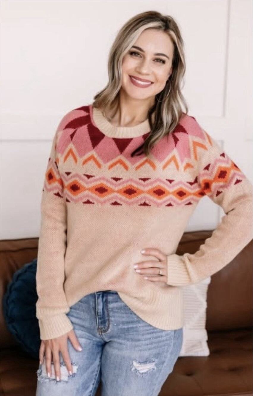 Savanna Jane Small Aztec Nordic Fair Isle Sweater Colorful Crew Neck Geometric
